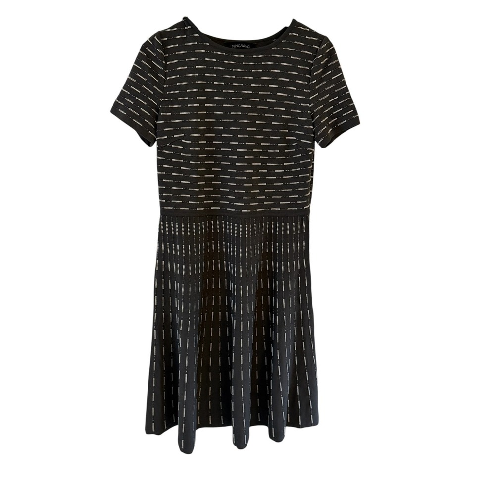 Ming Wang Striped Fit Flare Dress Womens M Gray Knit Work Office Career NWT